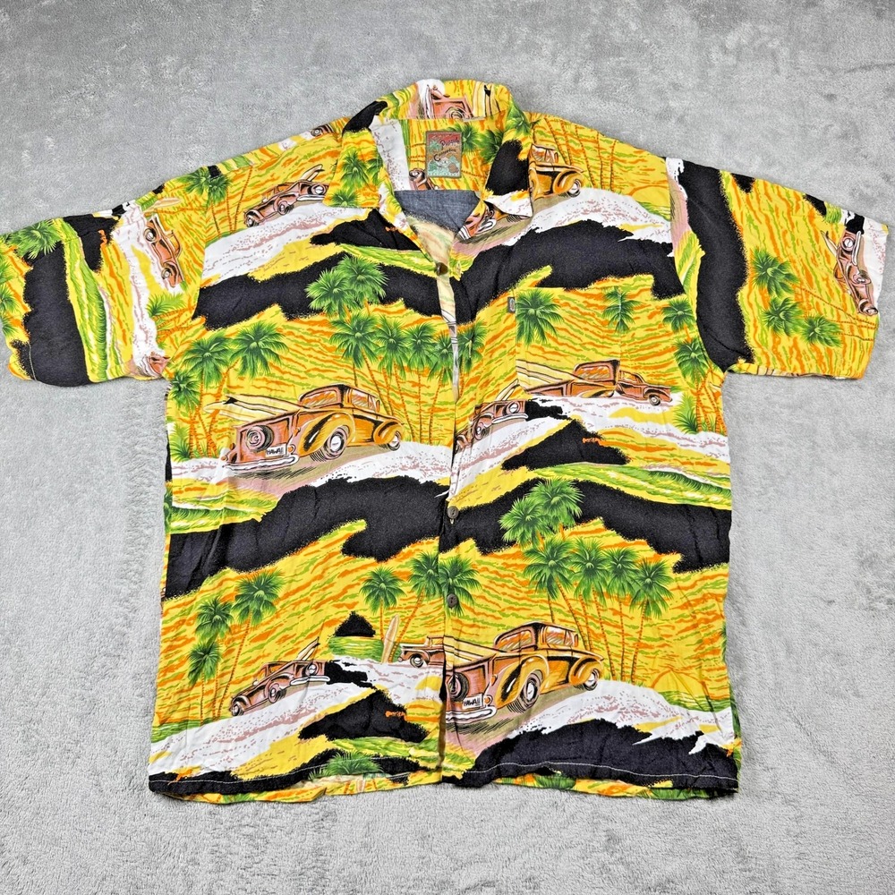 Pineapple Connection Hawaiian Shirt Yellow Palm Tree Car‎ Print Missing Buttons